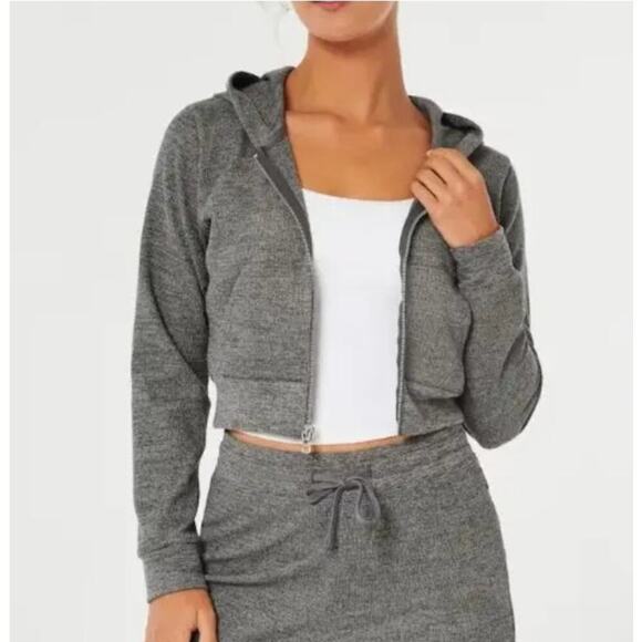 Gilly Hicks Cropped Zip Up Hoodie Jacket Micro Waffle Knit XS Gray Hooded - Picture 1 of 7